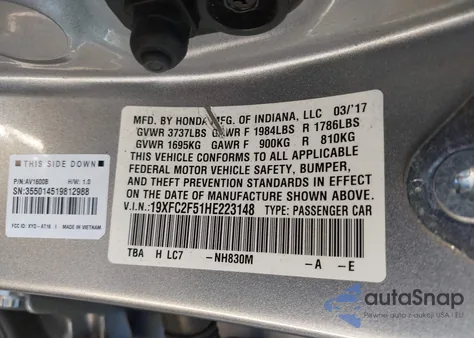2017 Honda Civic Lx z USA, uszkodzony, nr VIN 19XFC2F51HE223148
